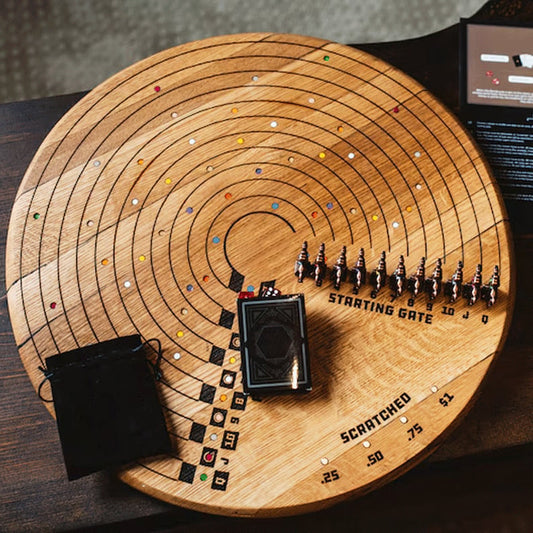 Scratched Horses Game made from a whiskey barrel